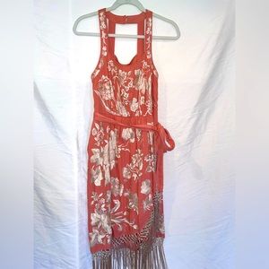 Anthropologie Dusty Rose and Ivory embroidered dress with ivory fringe